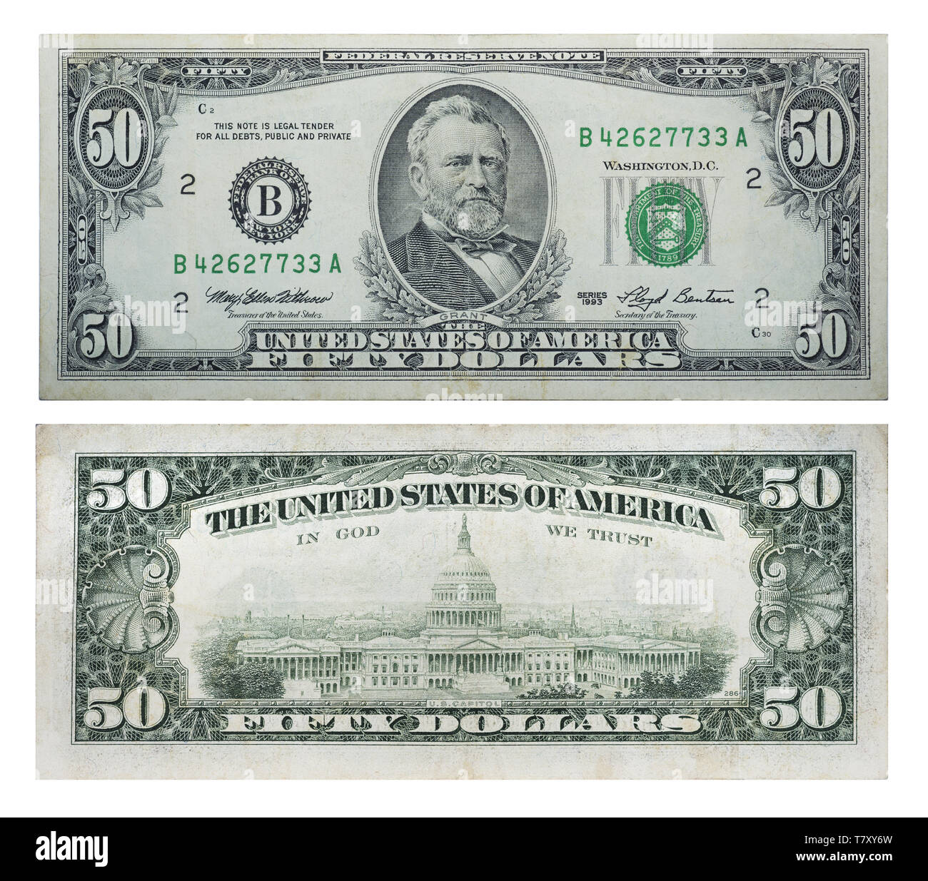 50 American dollars of the old sample - 1993, front side and backside Stock Photo