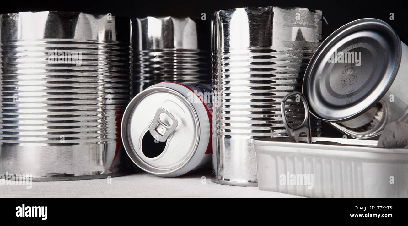Aluminium cans for recycling, beer & soup Stock Photo