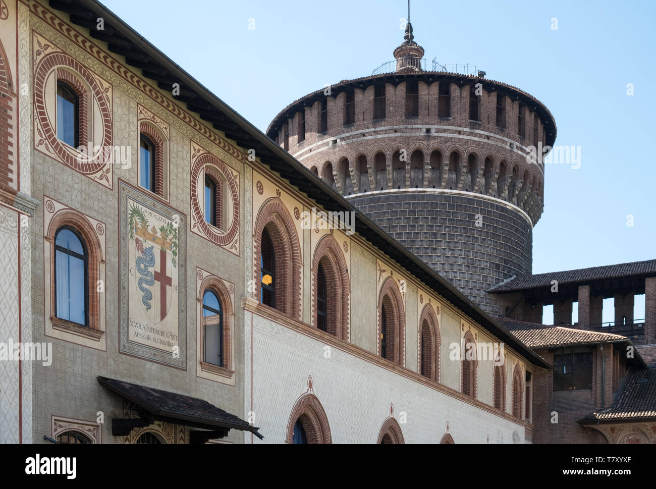 Sforza Castle (Castello Sforzesco) architecture details, Milan, Italy Stock Photo