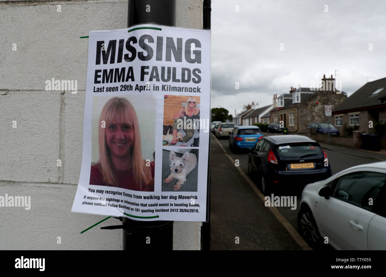 Missing person poster in Monkton, Ayrshire, where 39 year-old Emma Faulds from Kilmarnock was last seen after she was reported missing. A 39-year-old man has been arrested in connection with her disappearance. Stock Photo