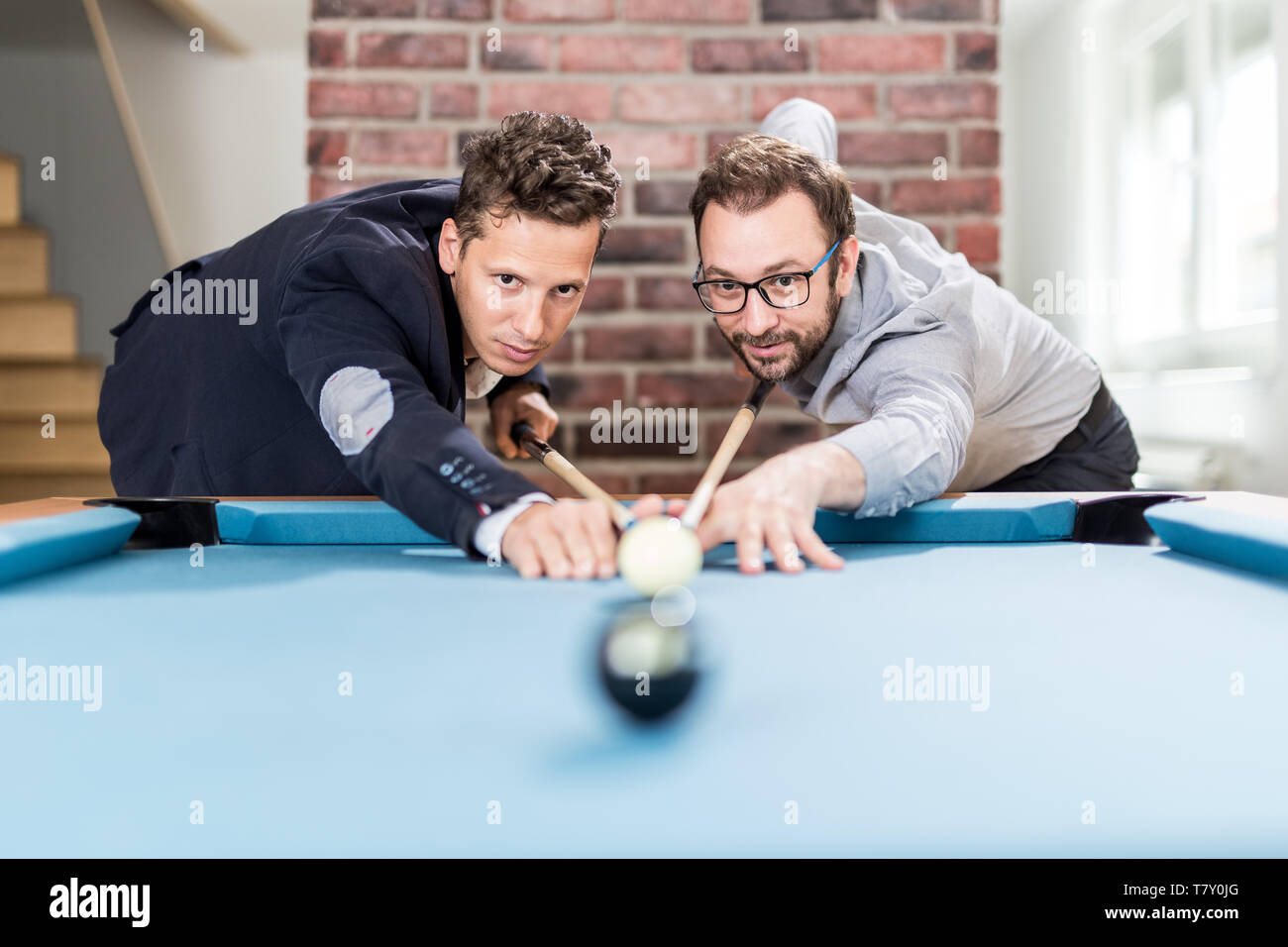 Group Young Cheerful Friends Playing Billiards Funny Time Work Stock Photo  by ©Romaset 316360520