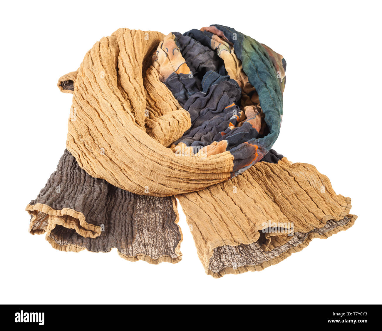 wrapped stitched scarf from brown silk batik isolated on white background Stock Photo