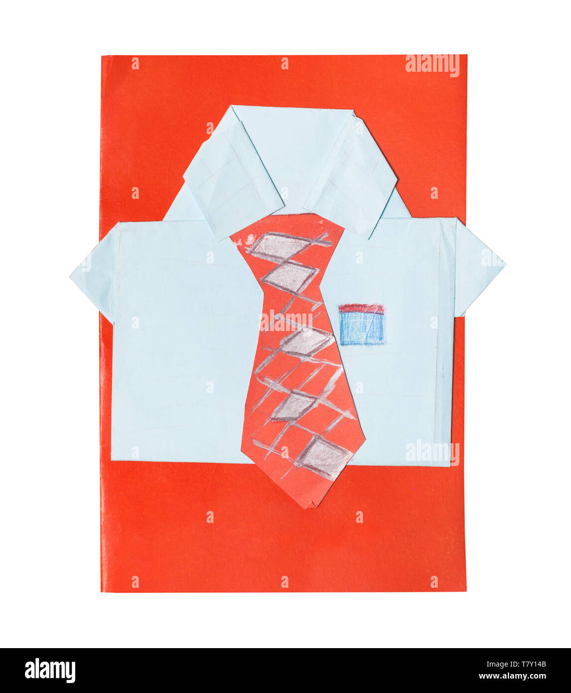 hand made Father's Day greeting card with paper collage of men's shirt tie on red cover Stock Photo
