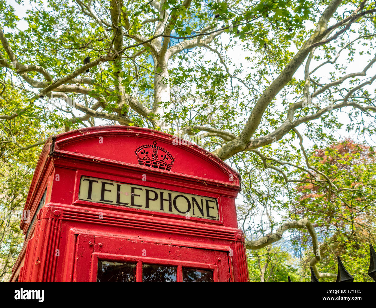 Traditional British red telephone box at Brunswick Square Gardens, Camden, London. Stock Photo
