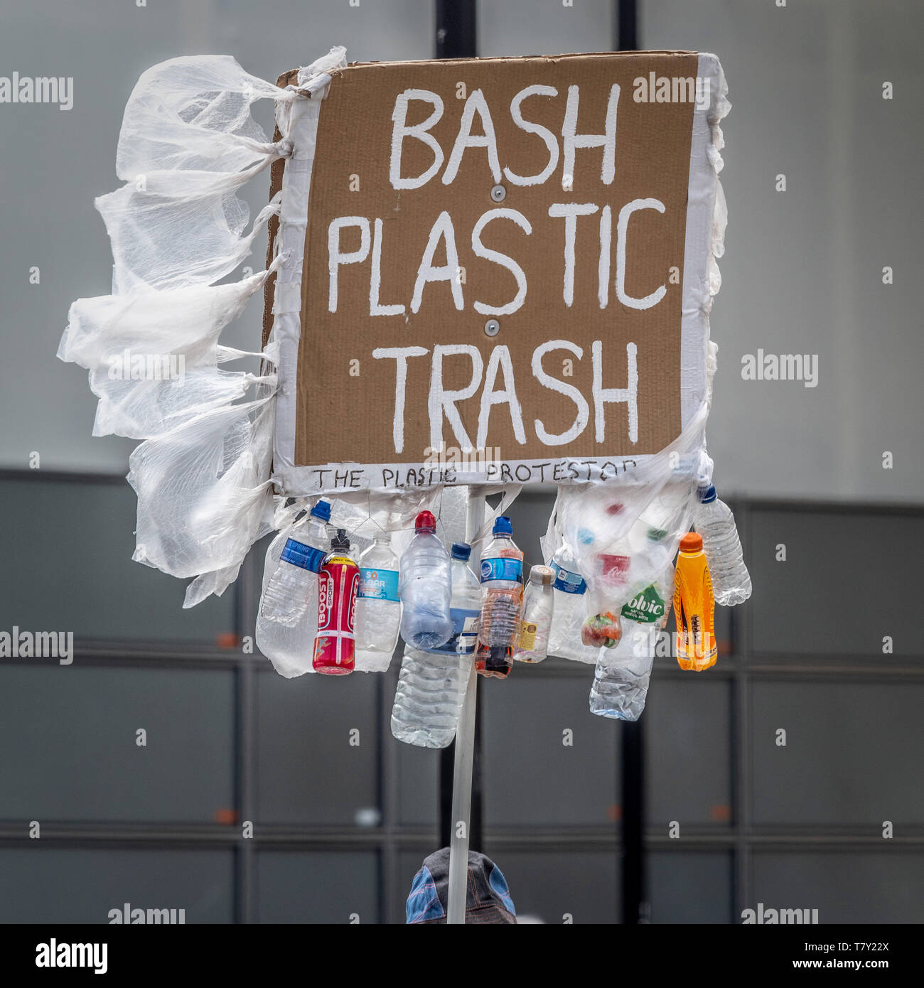 Bash Plastic Trash protester's placard outside Westminster, London, UK. Stock Photo