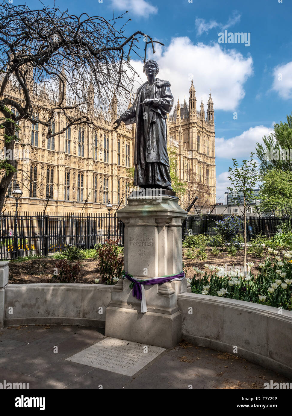 Bronze statue of Emmeline Pankhurst by Arthur George Walker situated in the Victoria Tower Gardens, Westminster, London, UK. Unveiled in 1930. Stock Photo