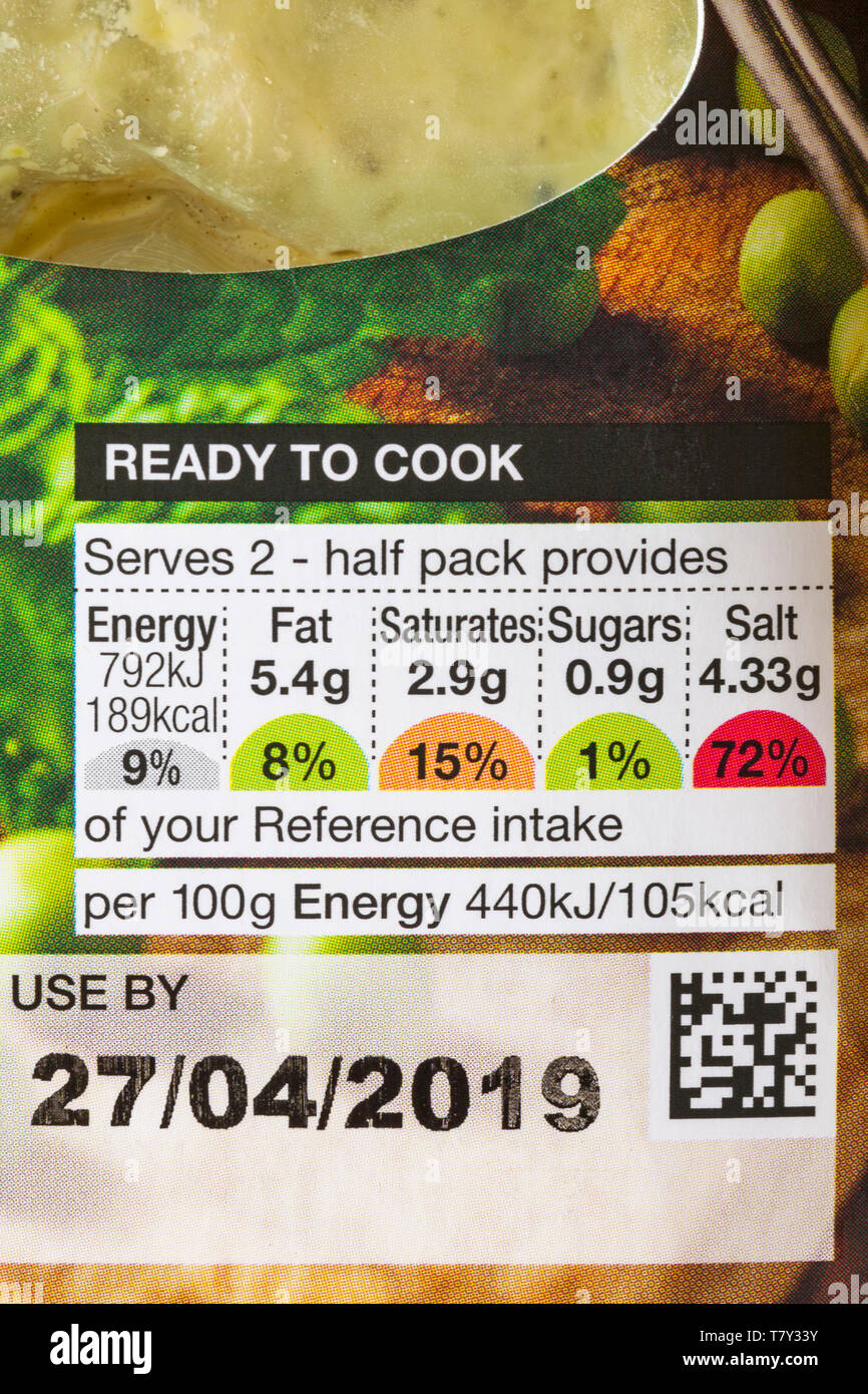 Reference intake nutritional information traffic light system labelling on food packaging Stock Photo
