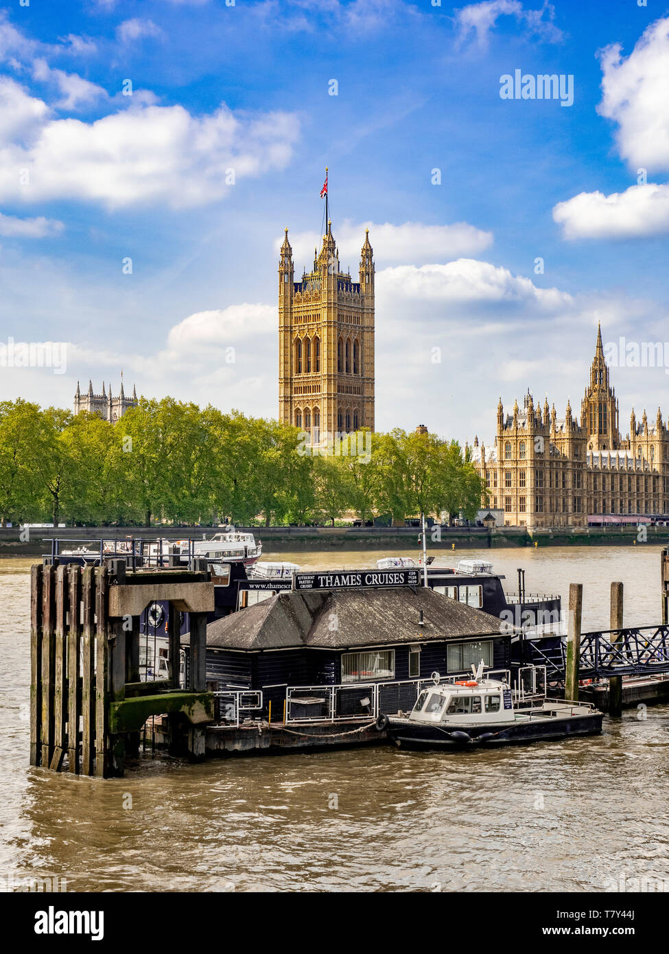 River Thames with Victoria Tower and gardens in background, Westminster, London, UK. Stock Photo