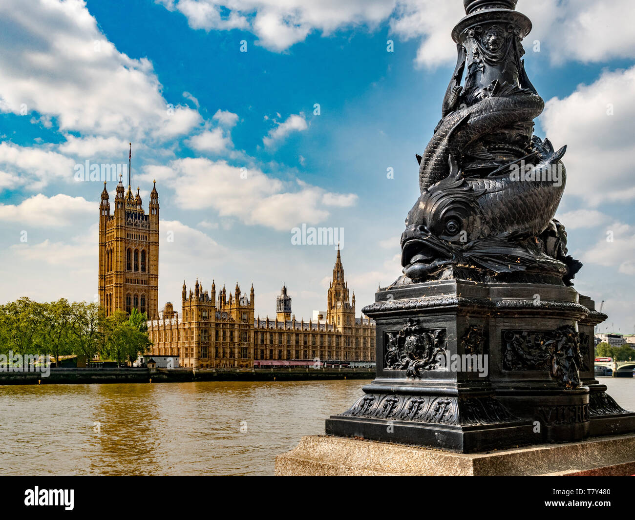Dolphin lamposts along River Thames, featuring Sturgeon fish design by George John Vulliamy and modelled by Charles Henry Mabey in the 1870's. Stock Photo