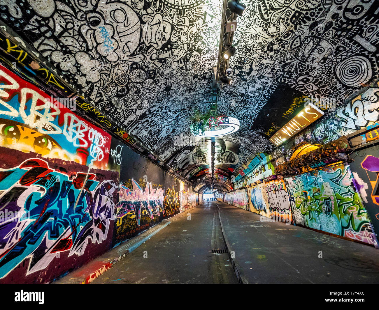 The Banksy Tunnel, ( Leake St Tunnel or Leake Street Arches ) legal Graffiti venue under Waterloo train station, London, UK. Stock Photo
