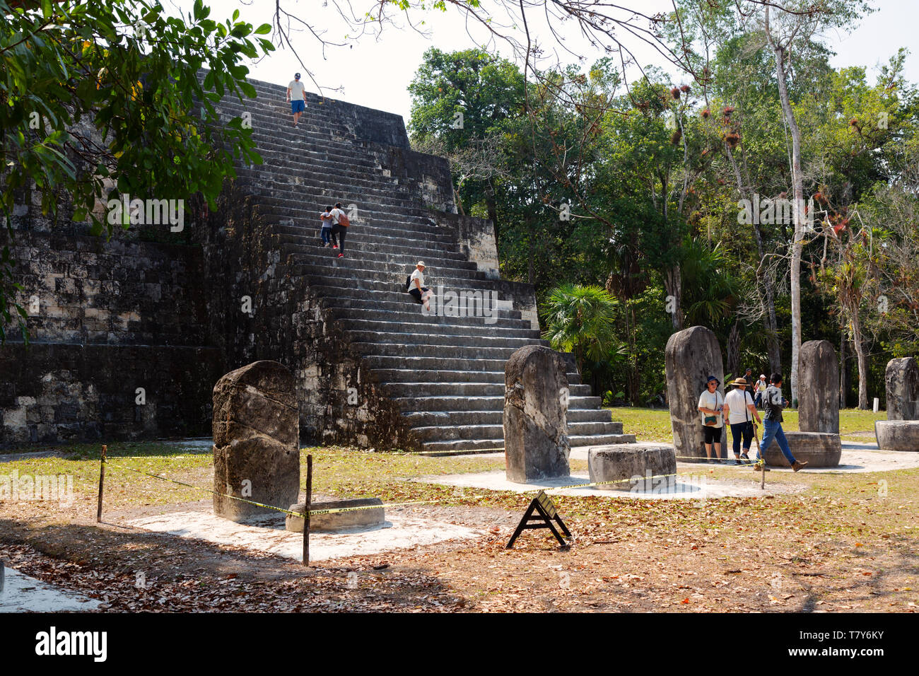 Tikal Guatemala, tourists at Complex Q, climbing a pyramid; Maya ruins at Tikal, UNESCO world