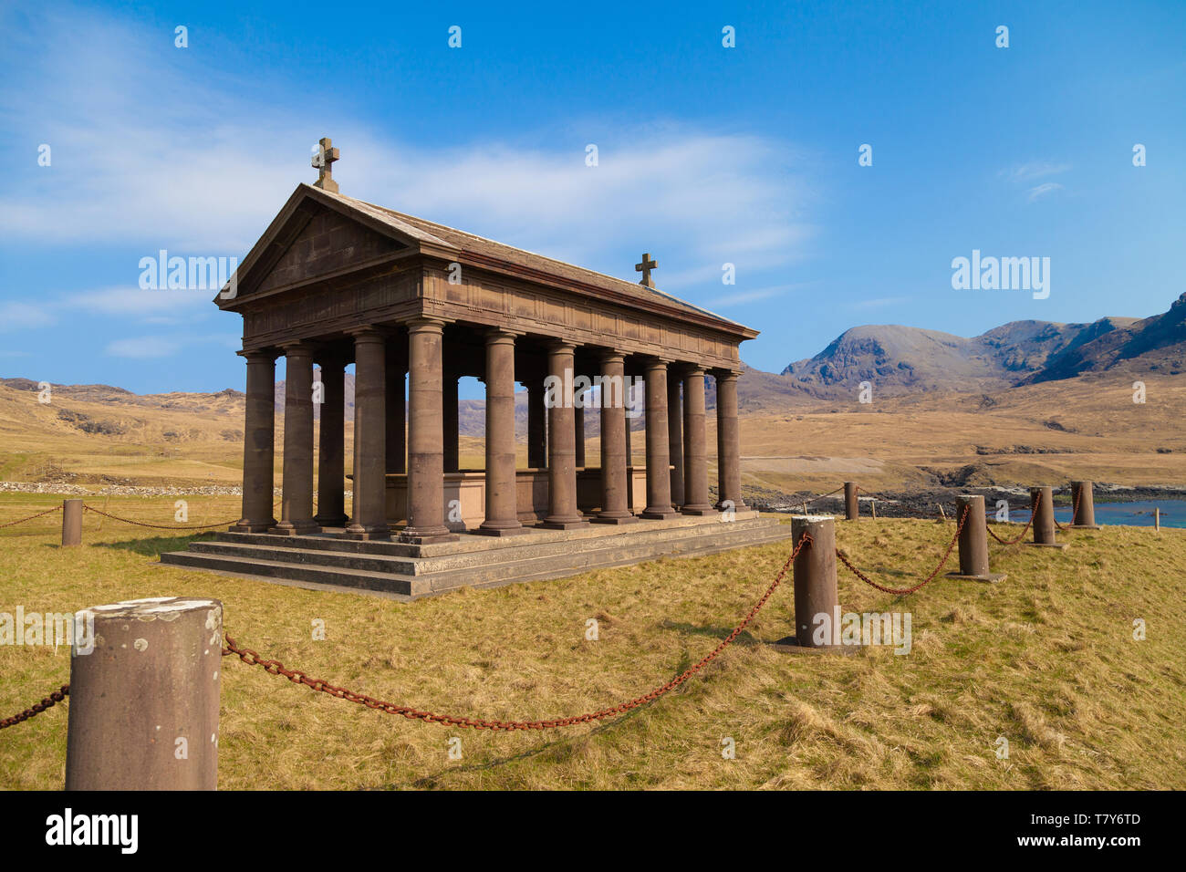 The Bullough Mausoleum and the Rum Cuillin hills, Harris Bay, Isle of Rum, Scotland Stock Photo