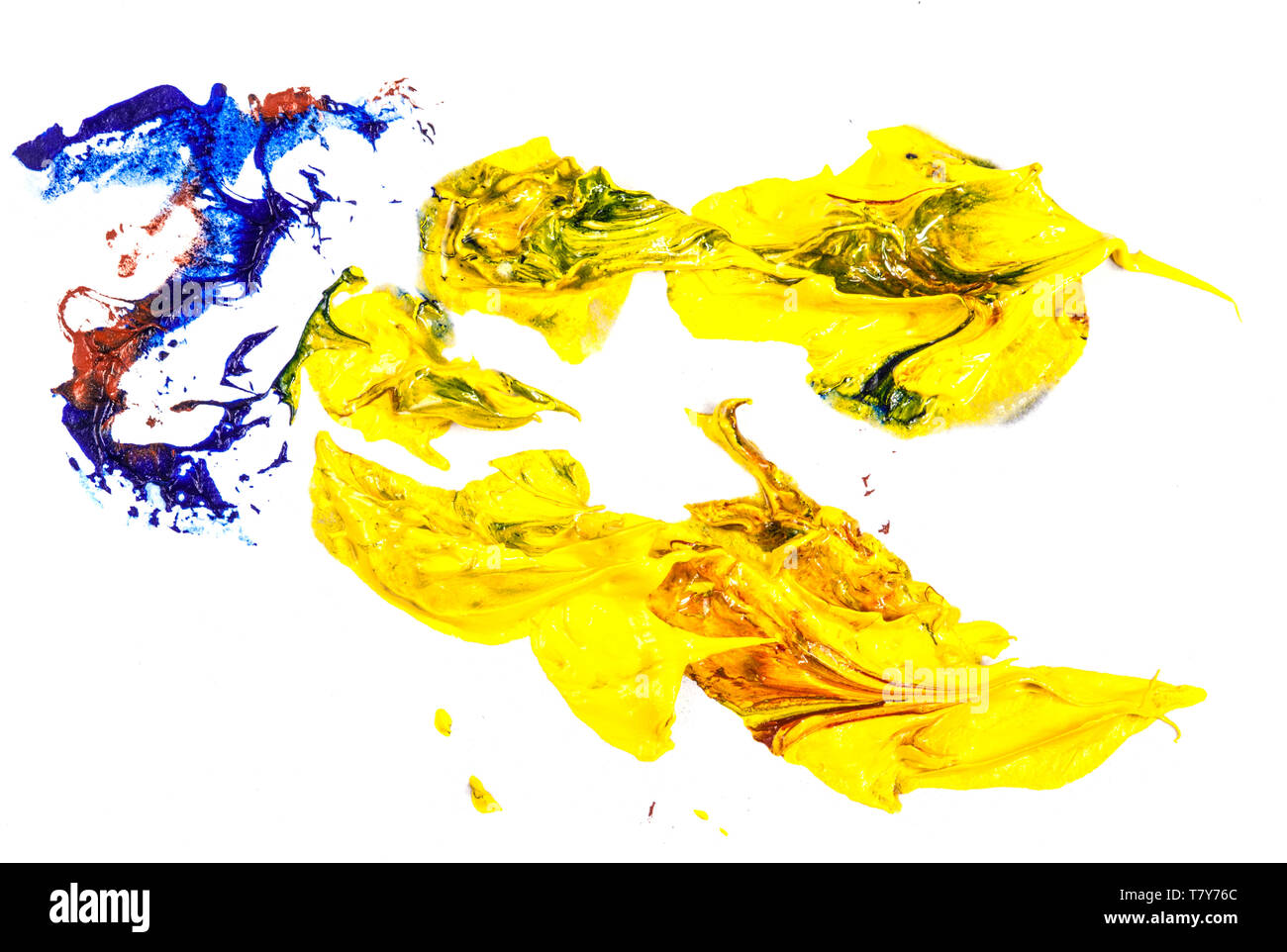 stain of blue, yellow and red oil paint. smear on white Stock Photo Alamy