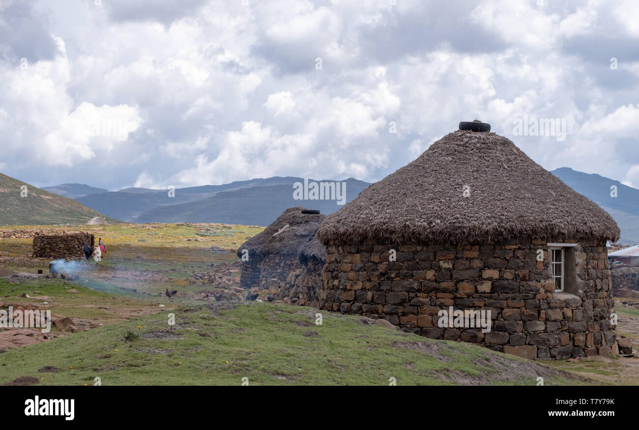 Shepherd's mud huts in the hills near the Sani Pass in north eastern Lesotho, Africa. Stock Photo