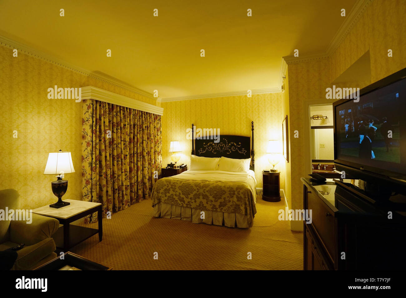 Interior view of the bed room in the suite of the historical luxury hotel Fairfax at Embassy Row at Dupont Circle.Washington D.C.USA Stock Photo