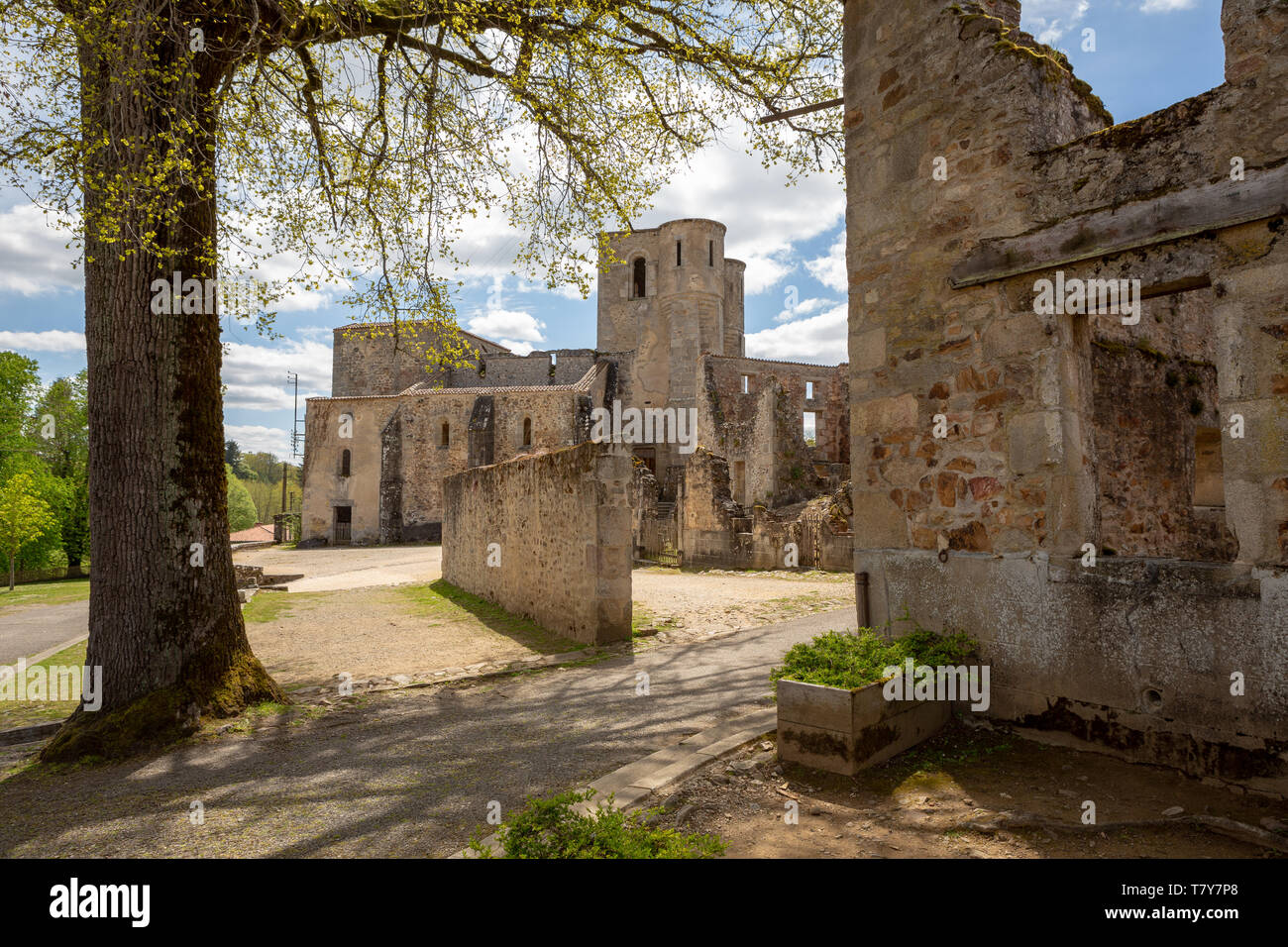 Oradour-sur-Glane, France - April 29, 2019: The ruins of the village and the church, after the massacre by the german nazi's in 1944 that destroyed it Stock Photo