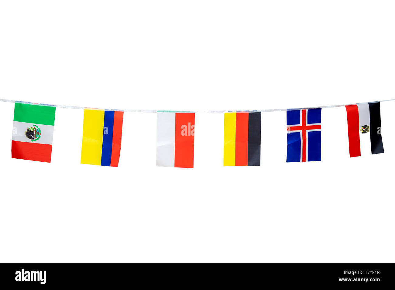 Triangle flags of various countries hanging on the rope, isolated on the  white background Stock Photo - Alamy