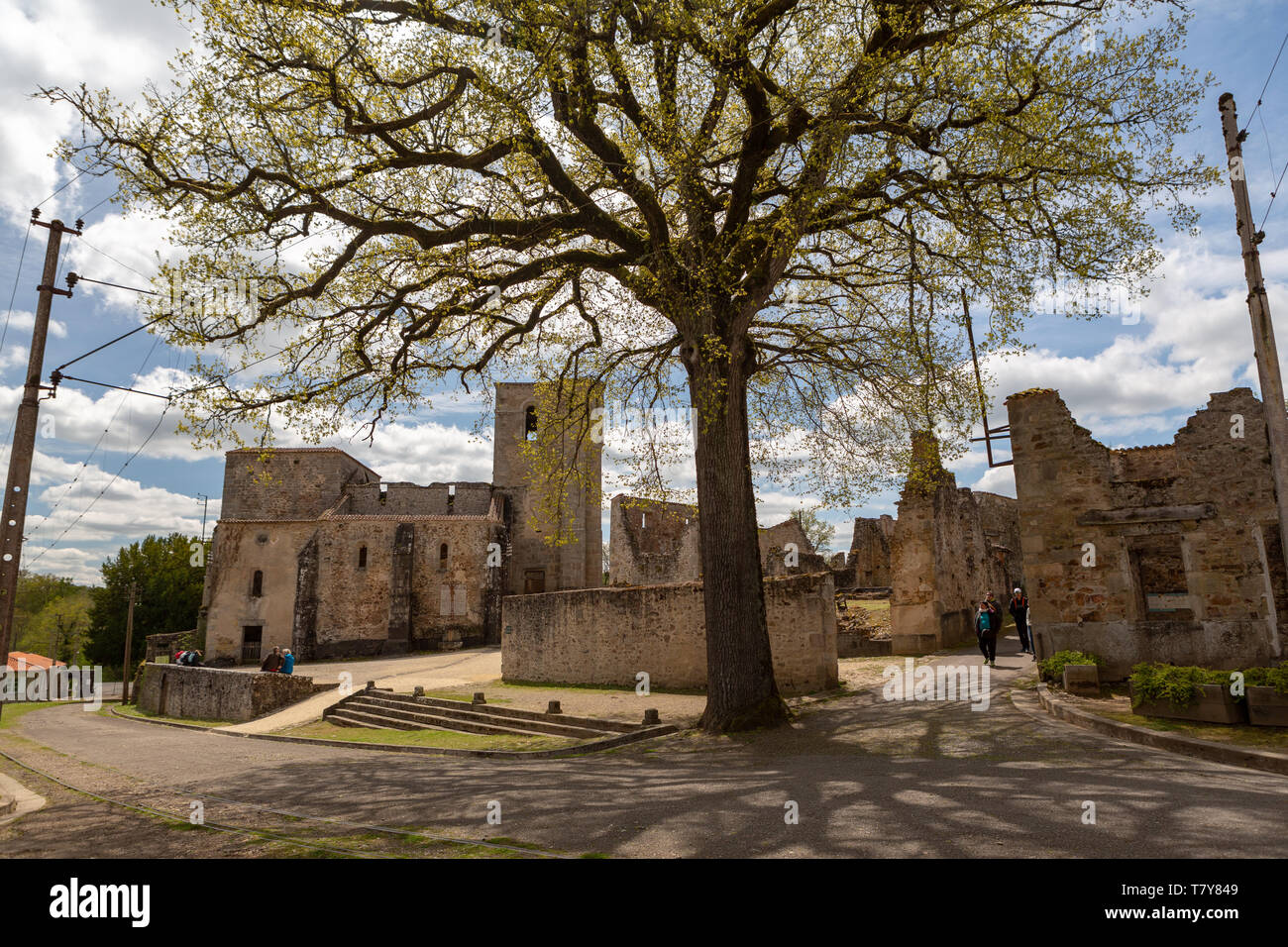 Oradour-sur-Glane, France - April 29, 2019: The ruins of the village and the church, after the massacre by the german nazi's in 1944 that destroyed it Stock Photo