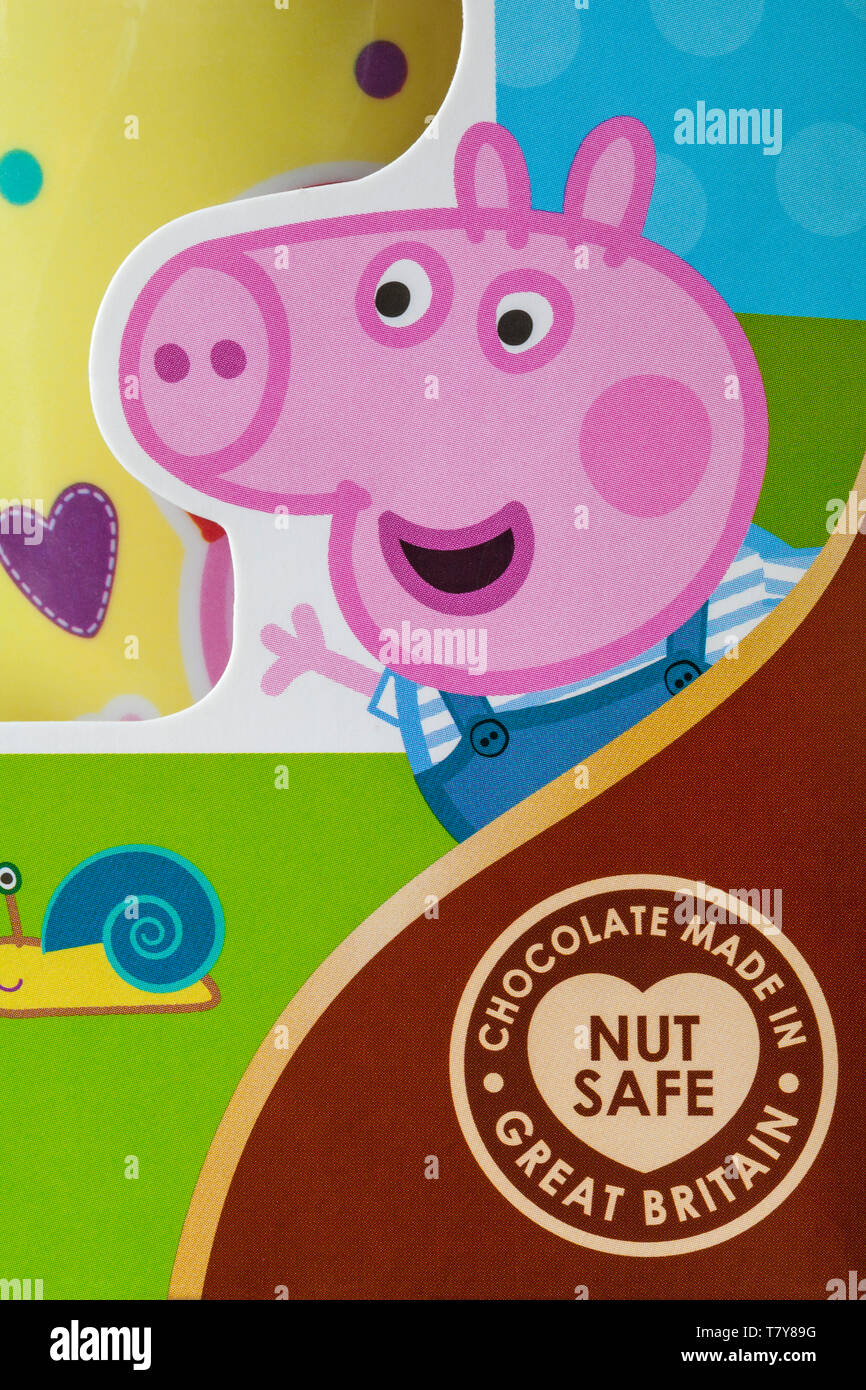 Nut safe, chocolate made in Great Britain - detail on box of Kinnerton Peppa Pig Easter Gift Set Stock Photo
