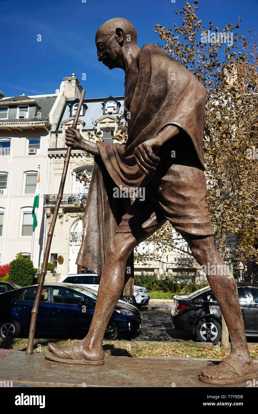 Bronze statue of Mahatma Gandhi in front of Embassy of India.Dupont Circle.Washington D.C.USA Stock Photo