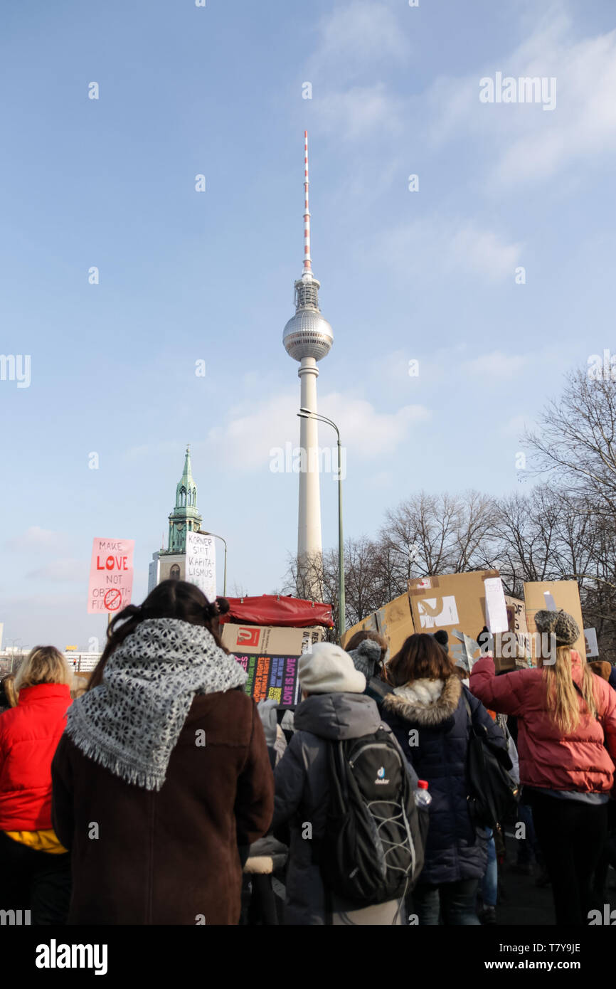 BERLIN, GERMANY - January 19, 2019:  Hundreds of women are protesting for equal rights and opportunities at the annual 'Women's March', a global movem Stock Photo