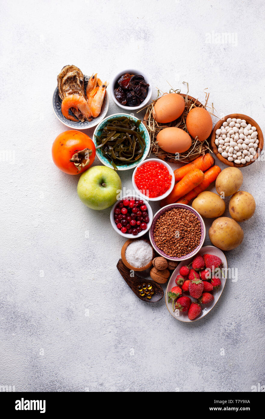 Assortment of healthy food containing iodine. Products rich in I Stock