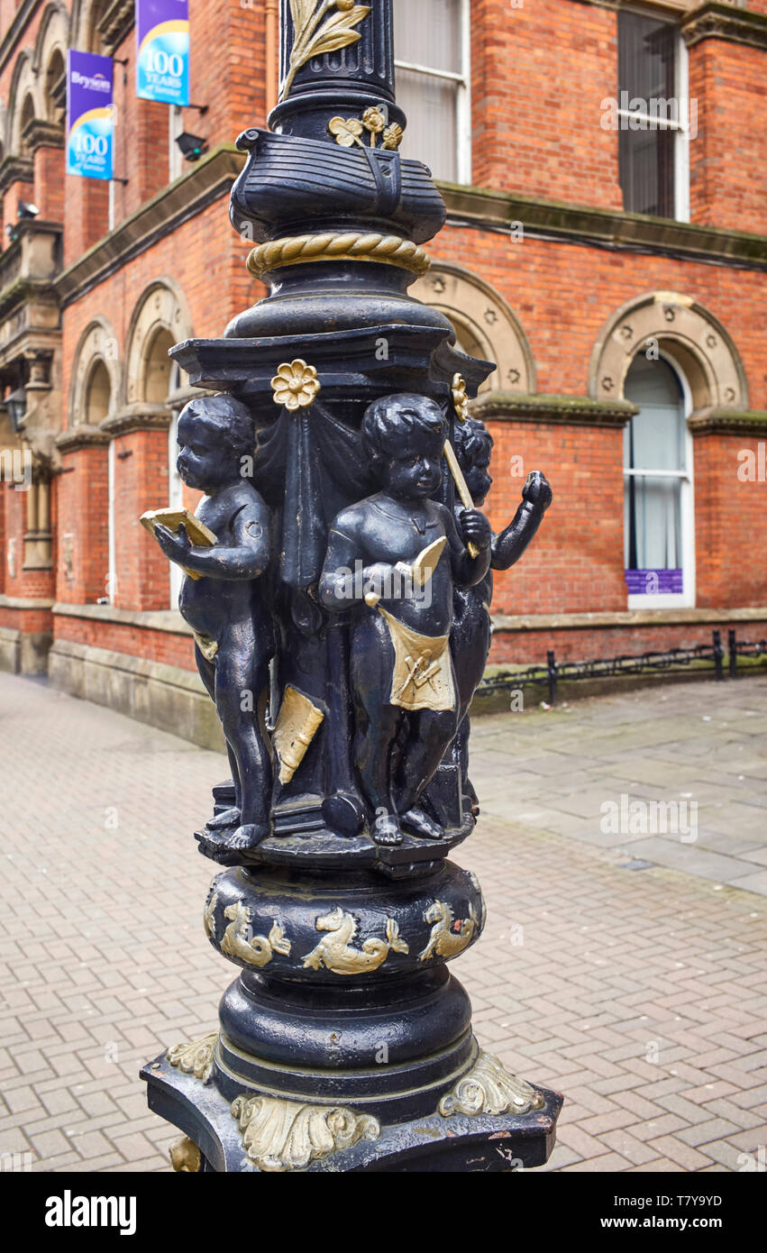 Detail on a cast iron column outside the Ulster Hall in Bedford Street, Belfast, Northern Ireland Stock Photo