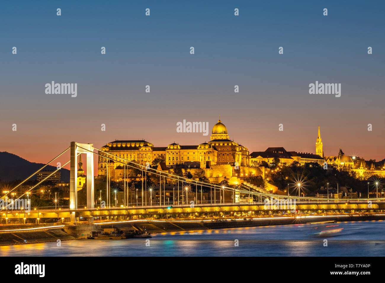 Danube River View From Liberty Bridge Szabadsag Hid Towards Buda Castle And Elizabeth Bridge Erzsebet Hid At Night Budapest Hungary Stock Photo Alamy