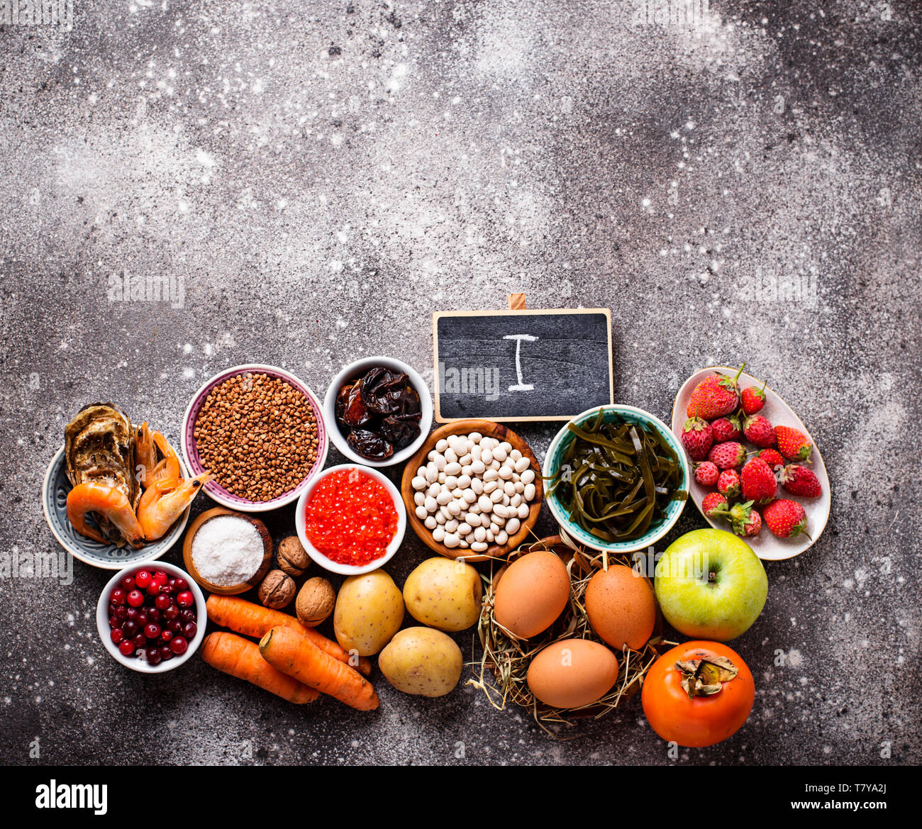 Assortment of healthy food containing iodine. Products rich in I Stock
