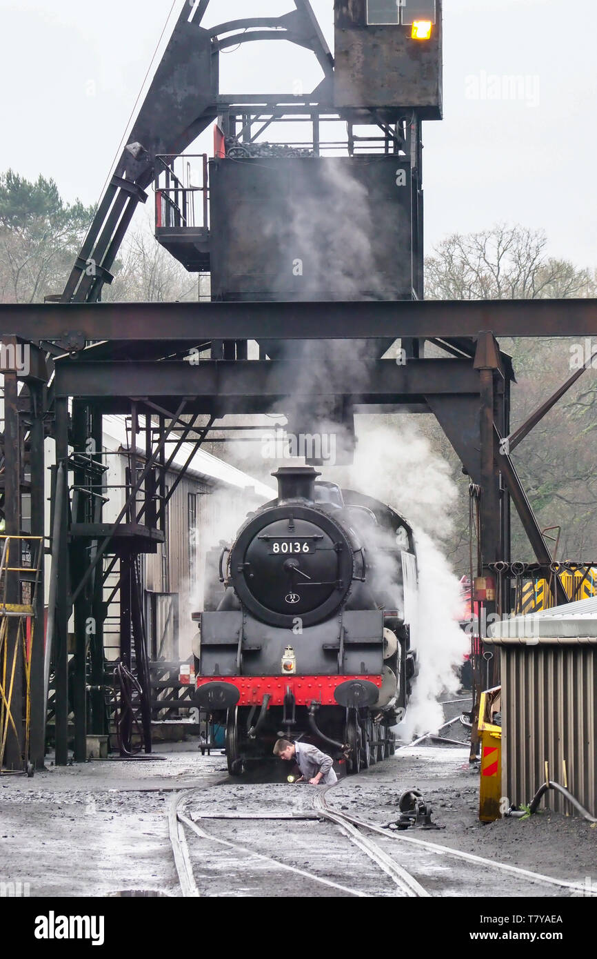 BR Standard 4 Tank No. 80136 at Grosment being coalled, North Yorkshire Moors Railway Stock Photo