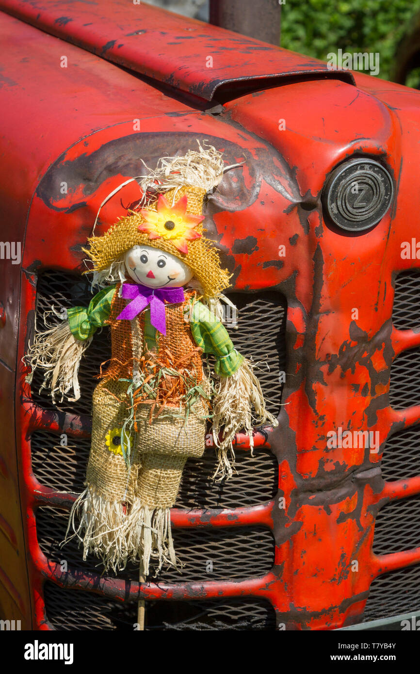 Colourful red grille of a vintage Zetor tractor with straw doll attached. Stock Photo
