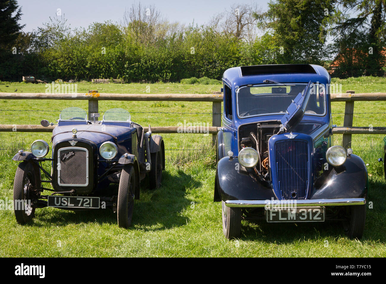 An open top and saloon vintage pre-war Austin classic cars at a show in Berkshire Stock Photo