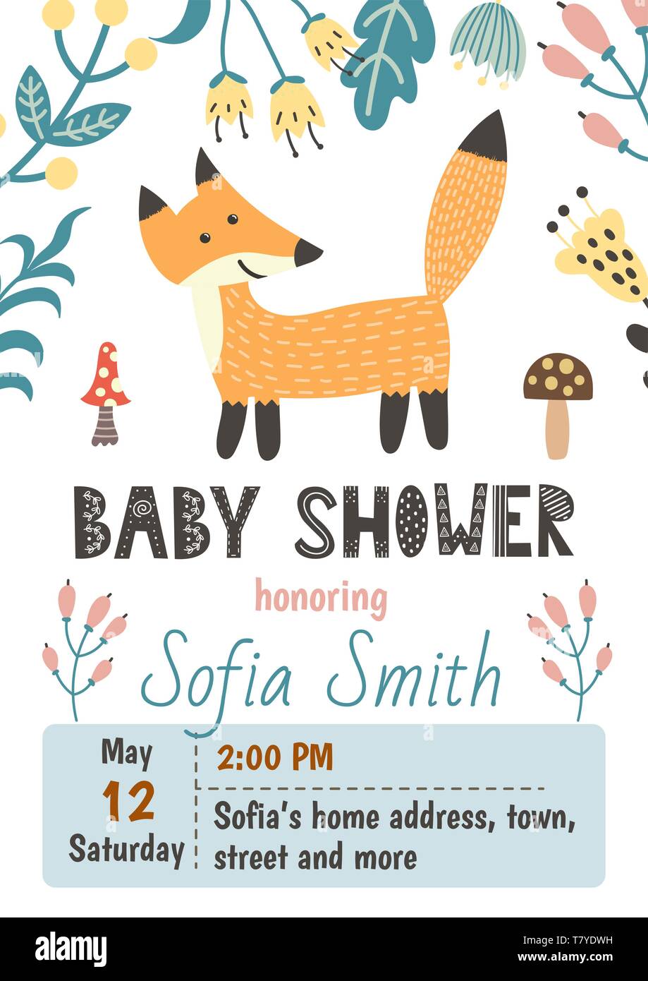 Baby Shower invitation template with a cute fox. Vector illustration ...