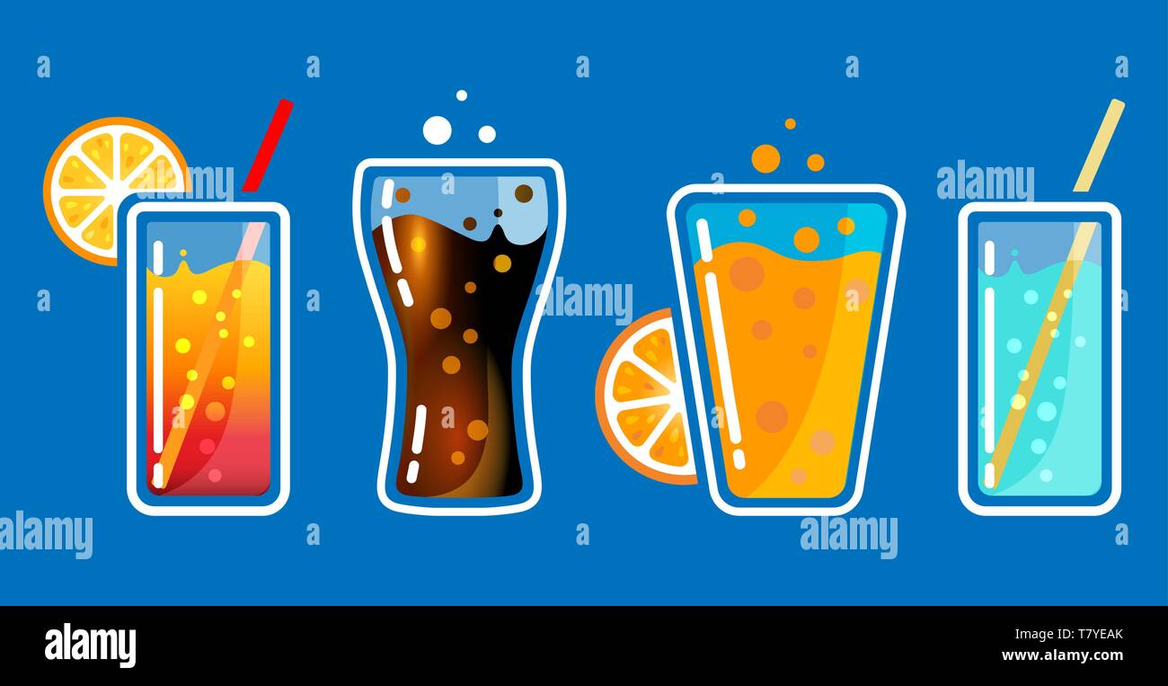 Different colored glasses with soda drinks with bubbles and tubes. Cocktail bar vector illustration. Stock Vector