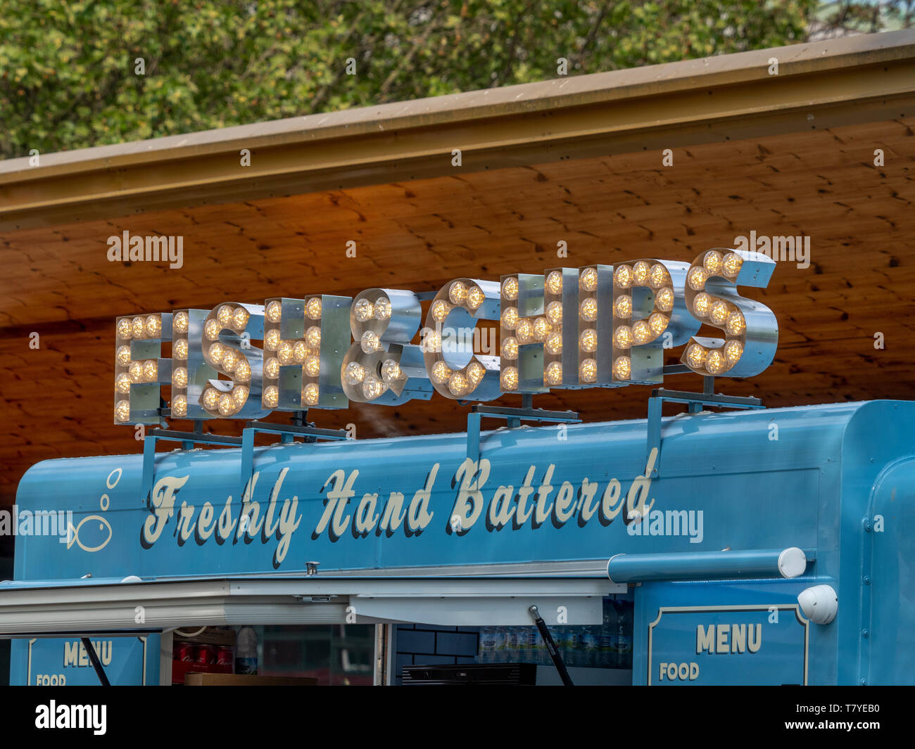 Fish and Chips sign on mobile street food van Stock Photo Alamy