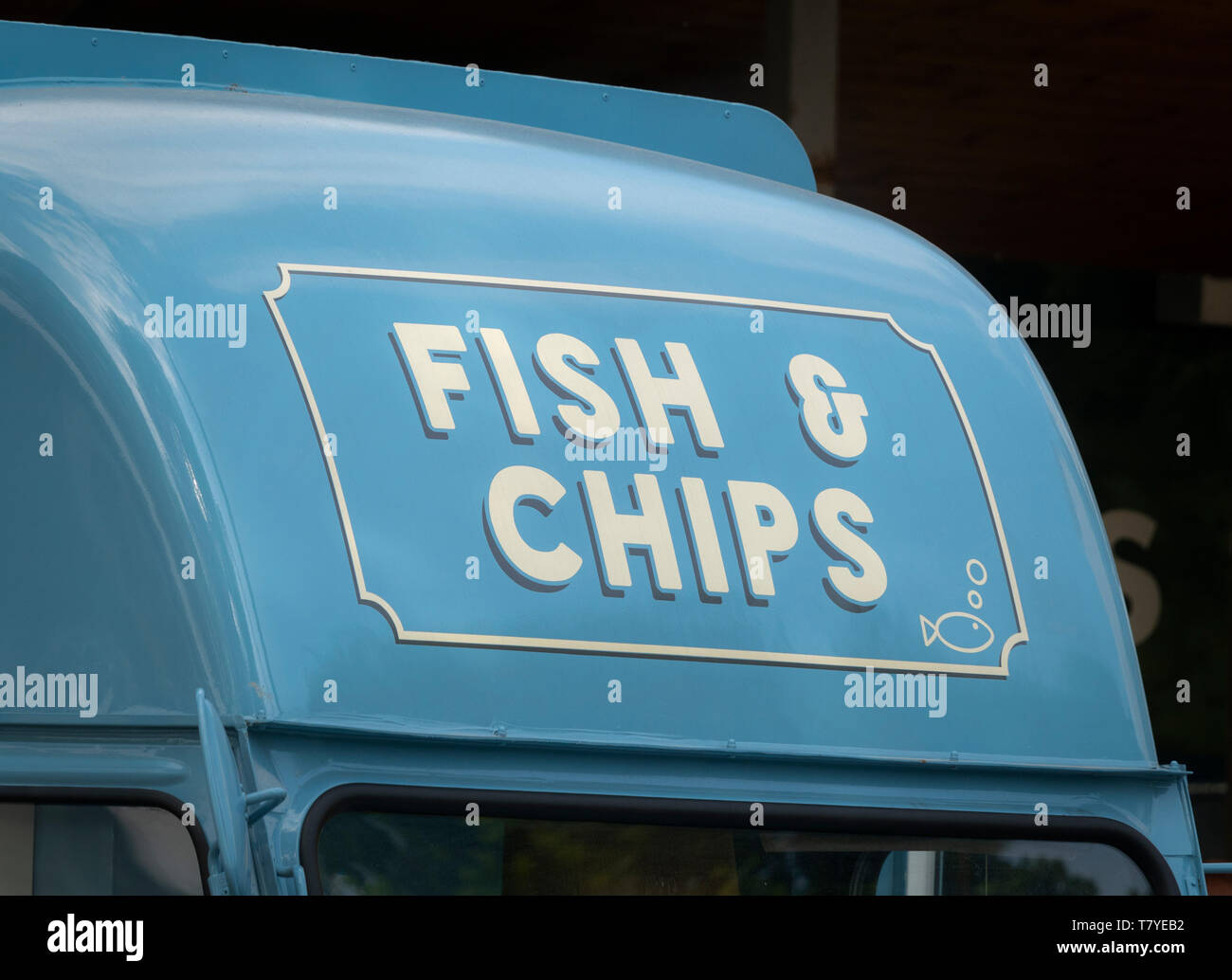 Fish and Chips sign on mobile street food van Stock Photo Alamy