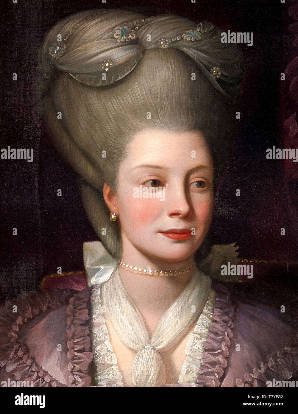 Benjamin West, Queen Charlotte of Mecklenburg-Strelitz, (1744-1818), Queen Consort of the United Kingdom, portrait painting (detail), 1777 Stock Photo