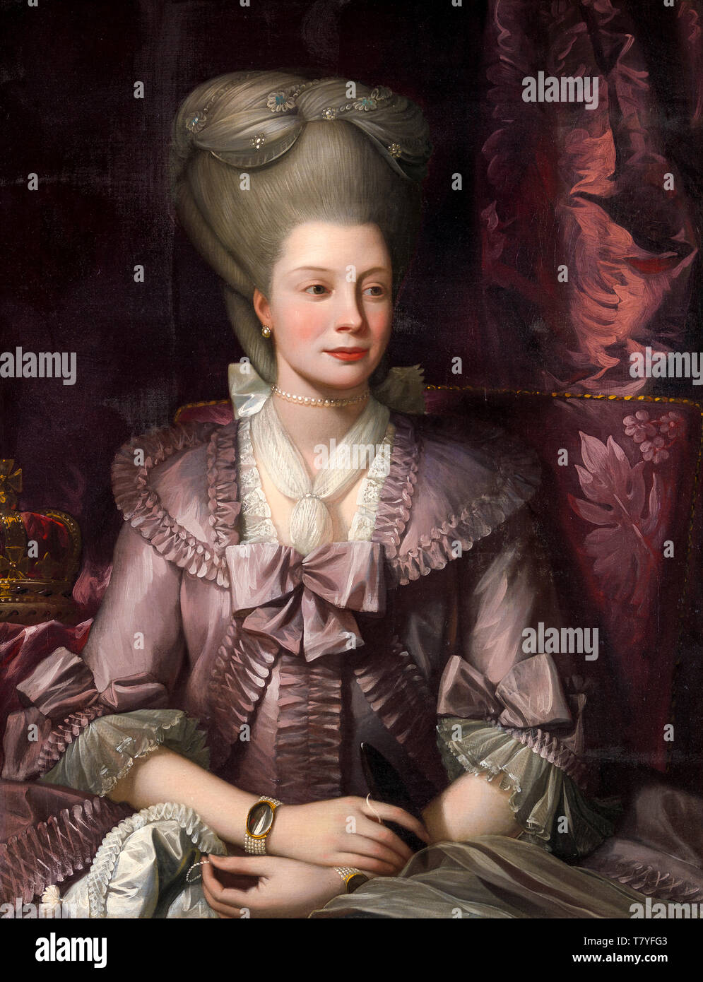 Benjamin West, Queen Charlotte of Mecklenburg-Strelitz, (1744-1818), Queen Consort of the United Kingdom, portrait painting, 1777 Stock Photo