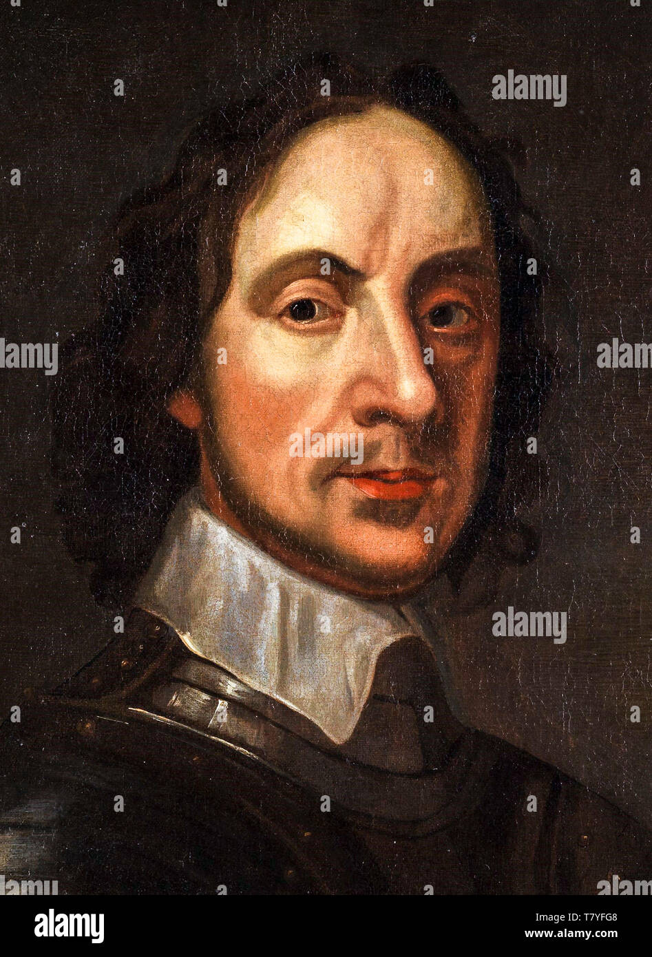 Oliver Cromwell in armour, portrait painting (detail) by the circle of Adriaen Hanneman, 17th Century Stock Photo