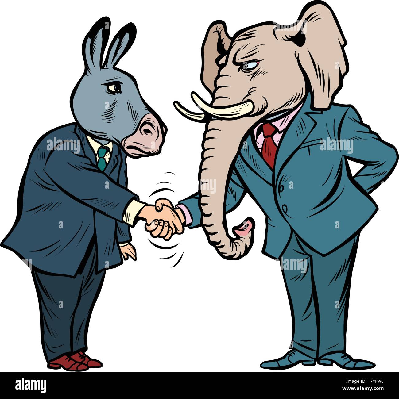 donkey shakes elephant hand. Democrats Republicans. isolate on white background Comic cartoon pop art vector retro vintage drawing Stock Vector