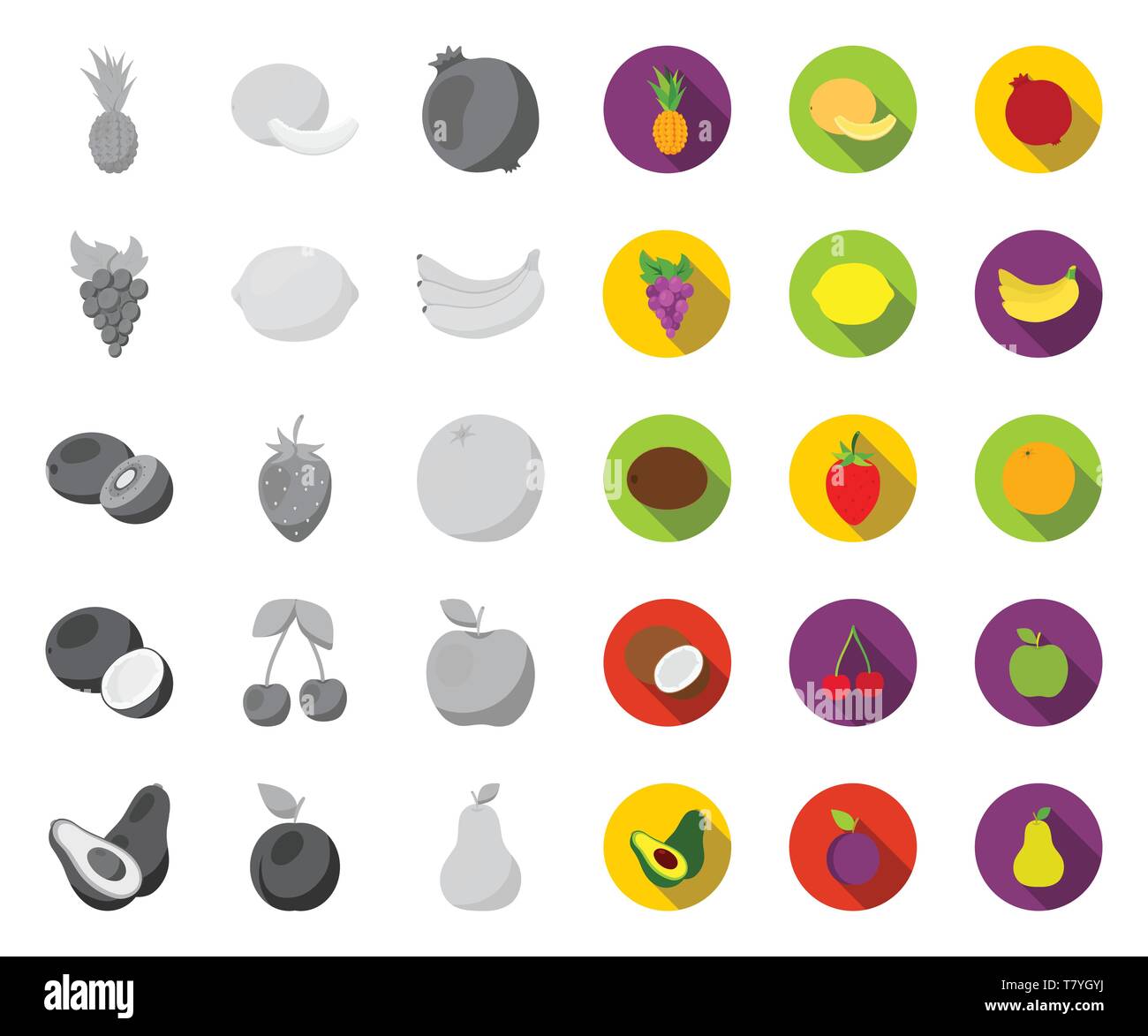 Different fruits mono,flat icons in set collection for design. Fruits and vitamins vector symbol