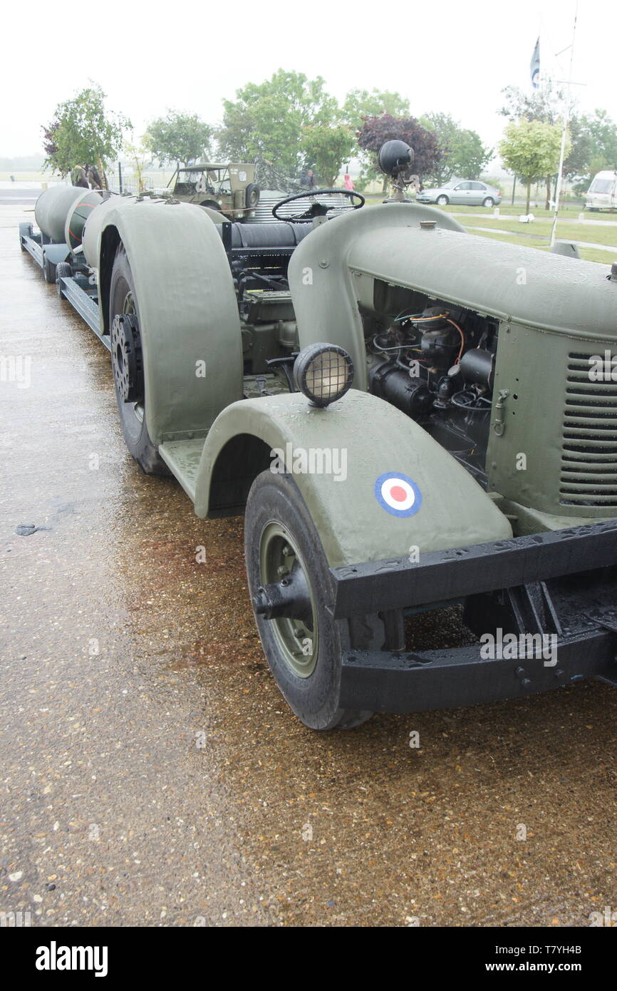 airfield David Brown aircraft towing tractor and bomb trolly, WW2 airfield Stock Photo