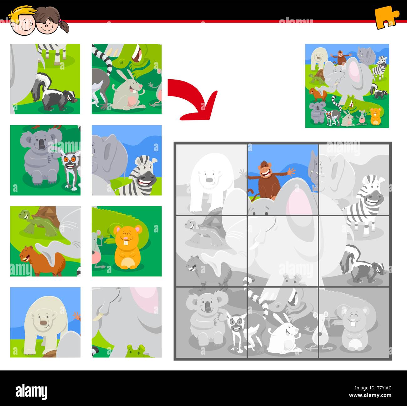 Cartoon Illustration of Educational Jigsaw Puzzle Game for Children with Funny Wild Animals Group Stock Vector