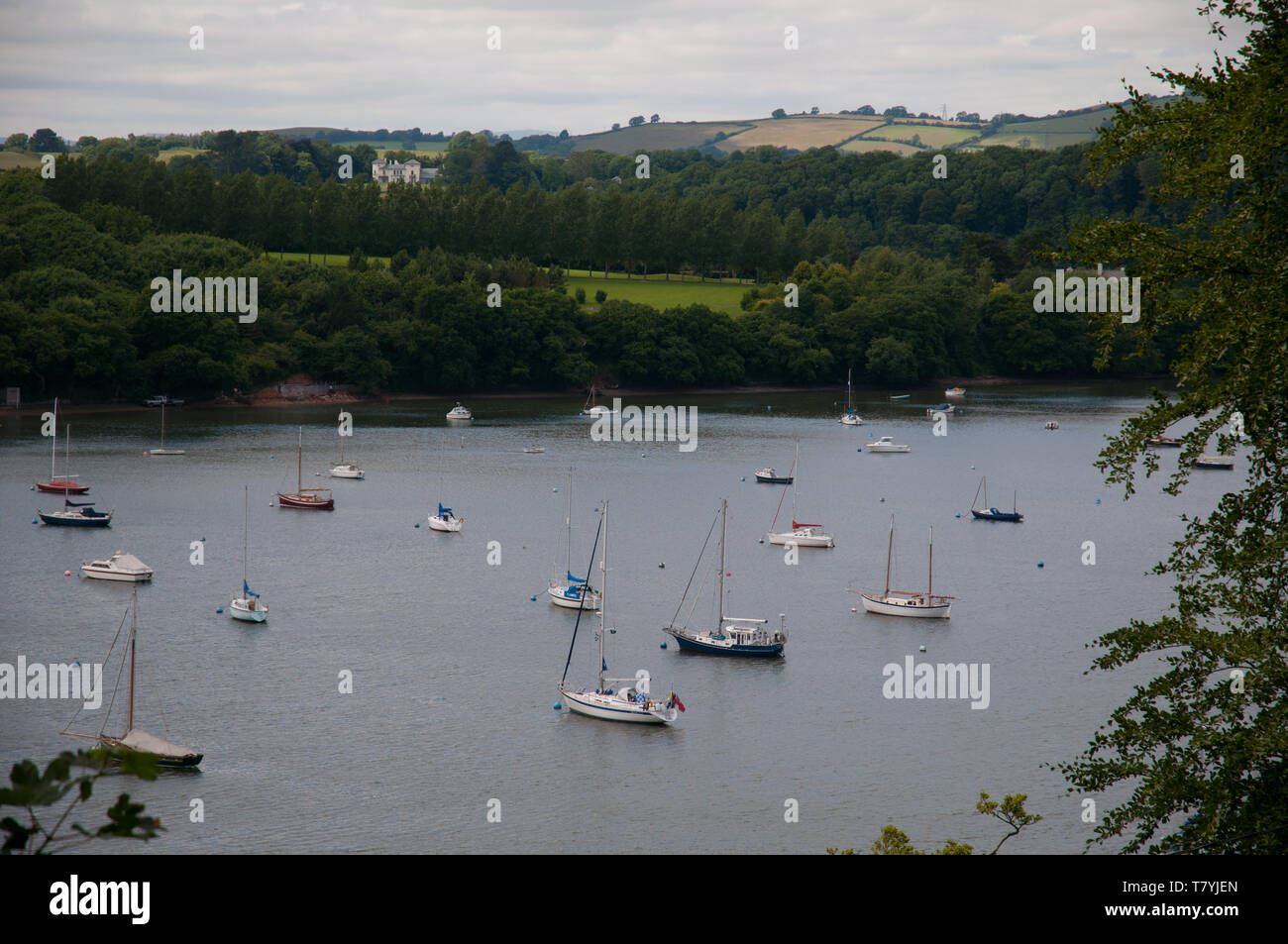 View of anchored boats from Agatha Christie's Greenway home. Stock Photo