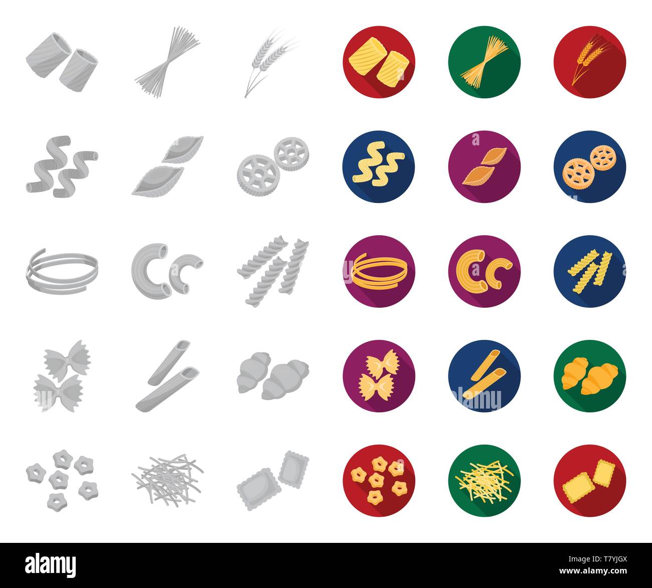 Types of pasta mono,flat icons in set collection for design. Figured ...