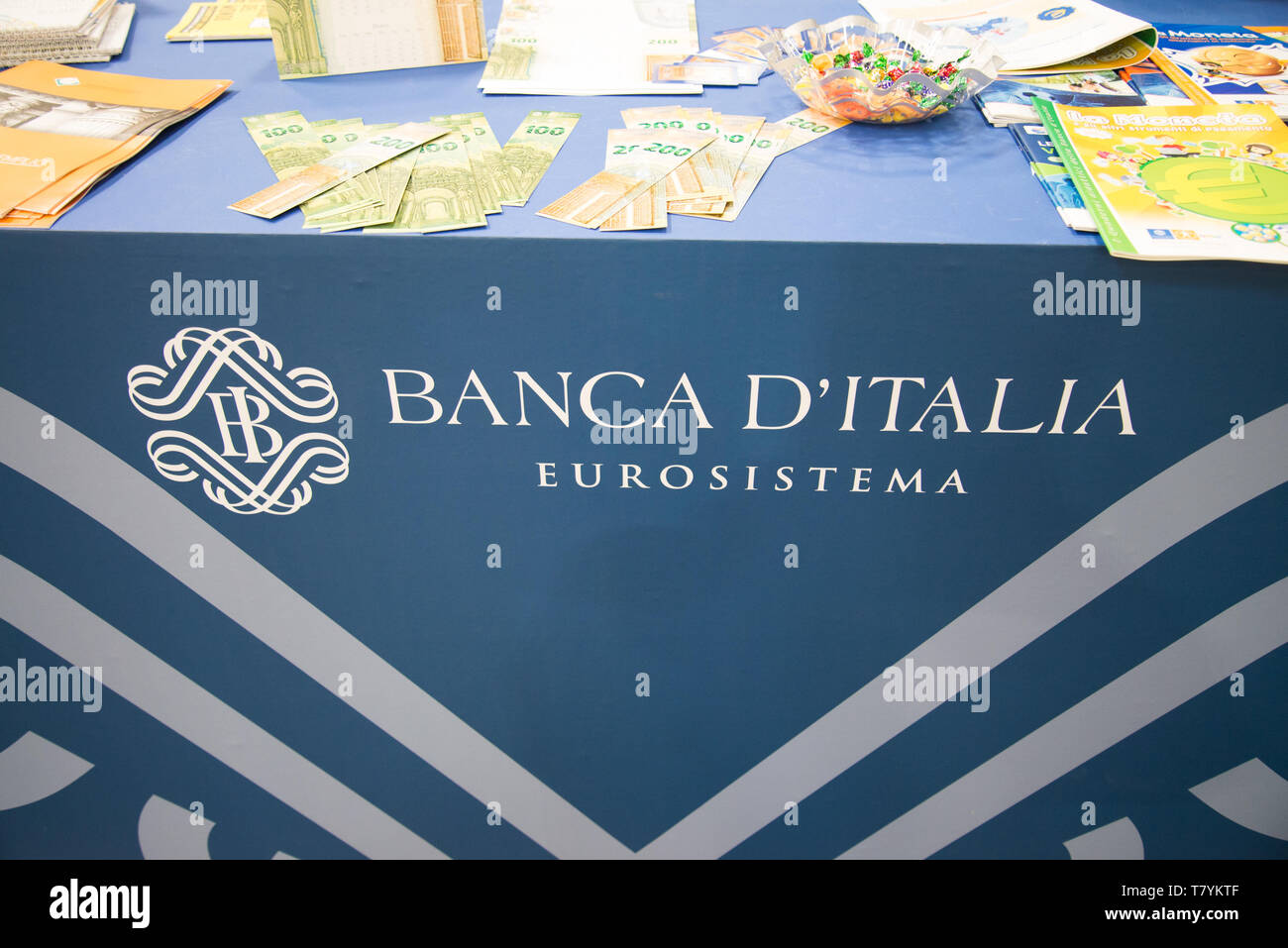 Banca d'italia sign and logo seen during the 32nd edition of the TFair. The International Book Fair is the most important Italian event in the publishing field. It takes place at the Lingotto Fiere conference center in Turin once a year, in the month of May. Stock Photo