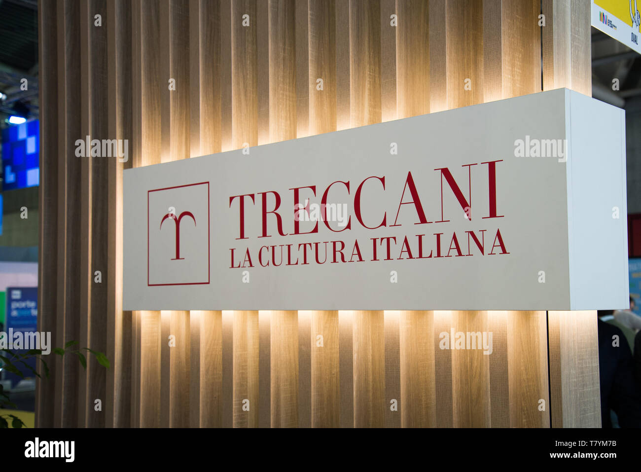 Treccani sign seen during the 32nd edition of the Fair. The International Book Fair is the most important Italian event in the publishing field. It takes place at the Lingotto Fiere conference center in Turin once a year, in the month of May. Stock Photo