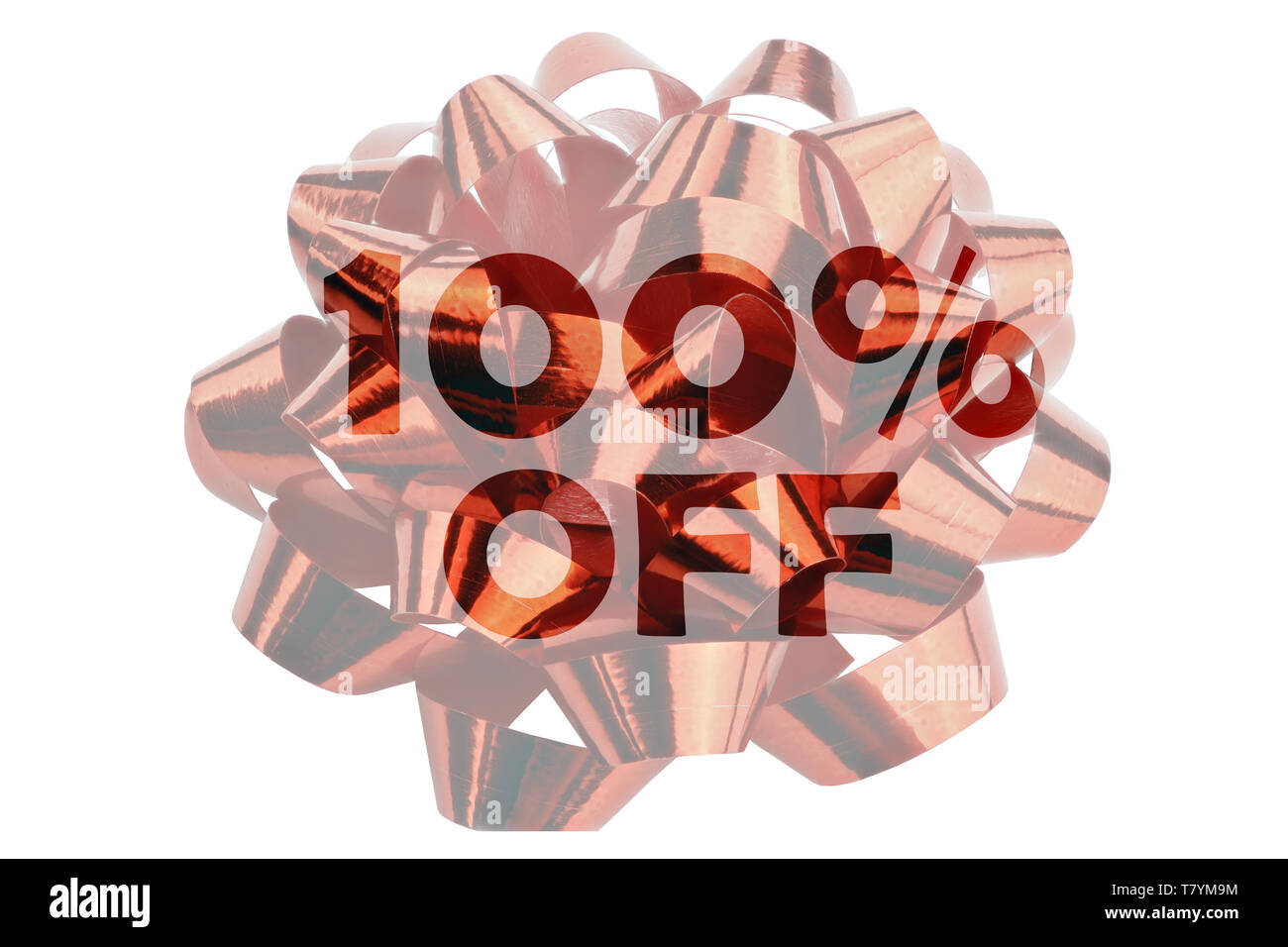 Closeup of a red gift ribbon bend with highlighted text 100% off Stock Photo