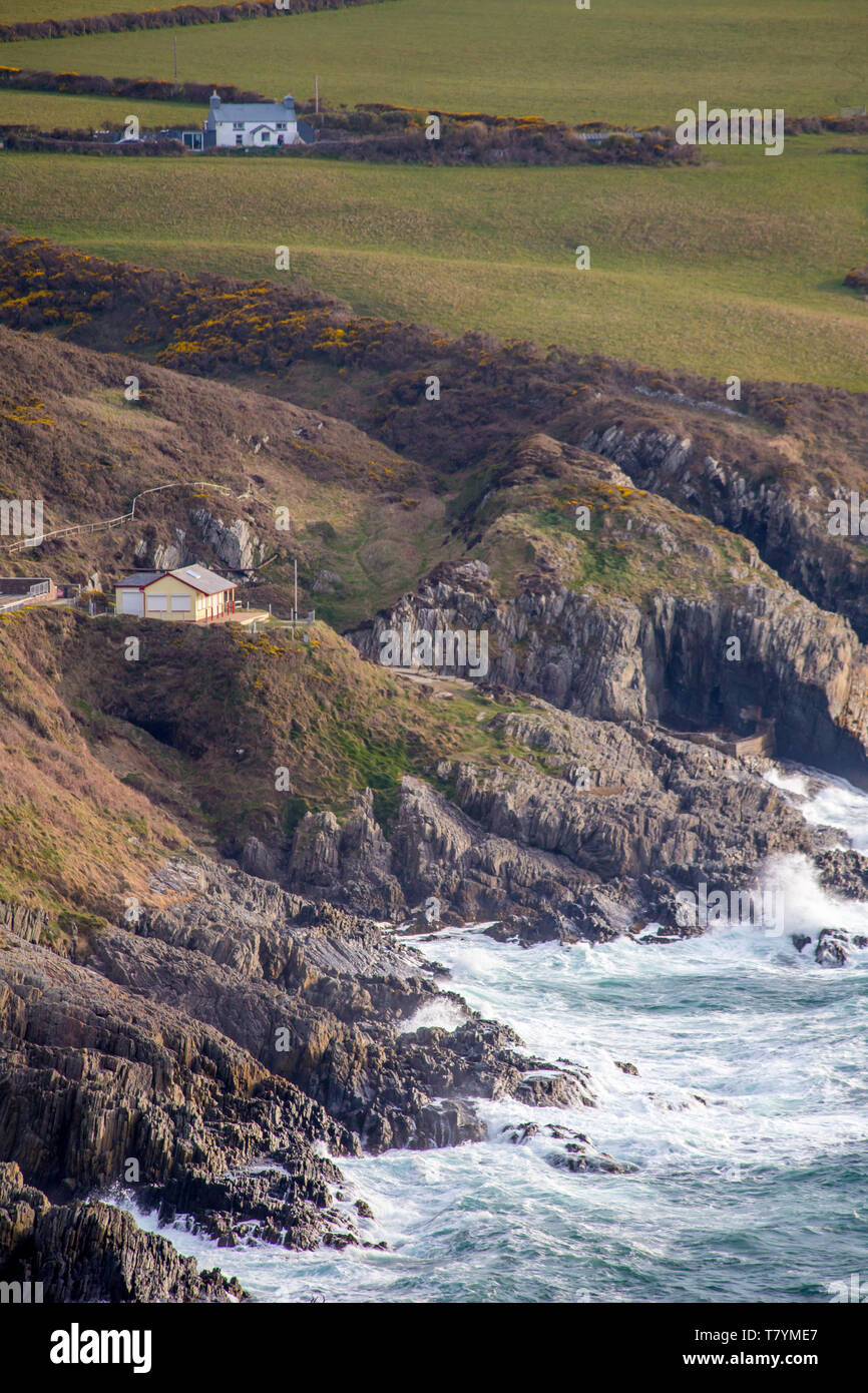 Waves crashing ashore during a storm at Onchan Head near Douglas, Isle of Man Stock Photo