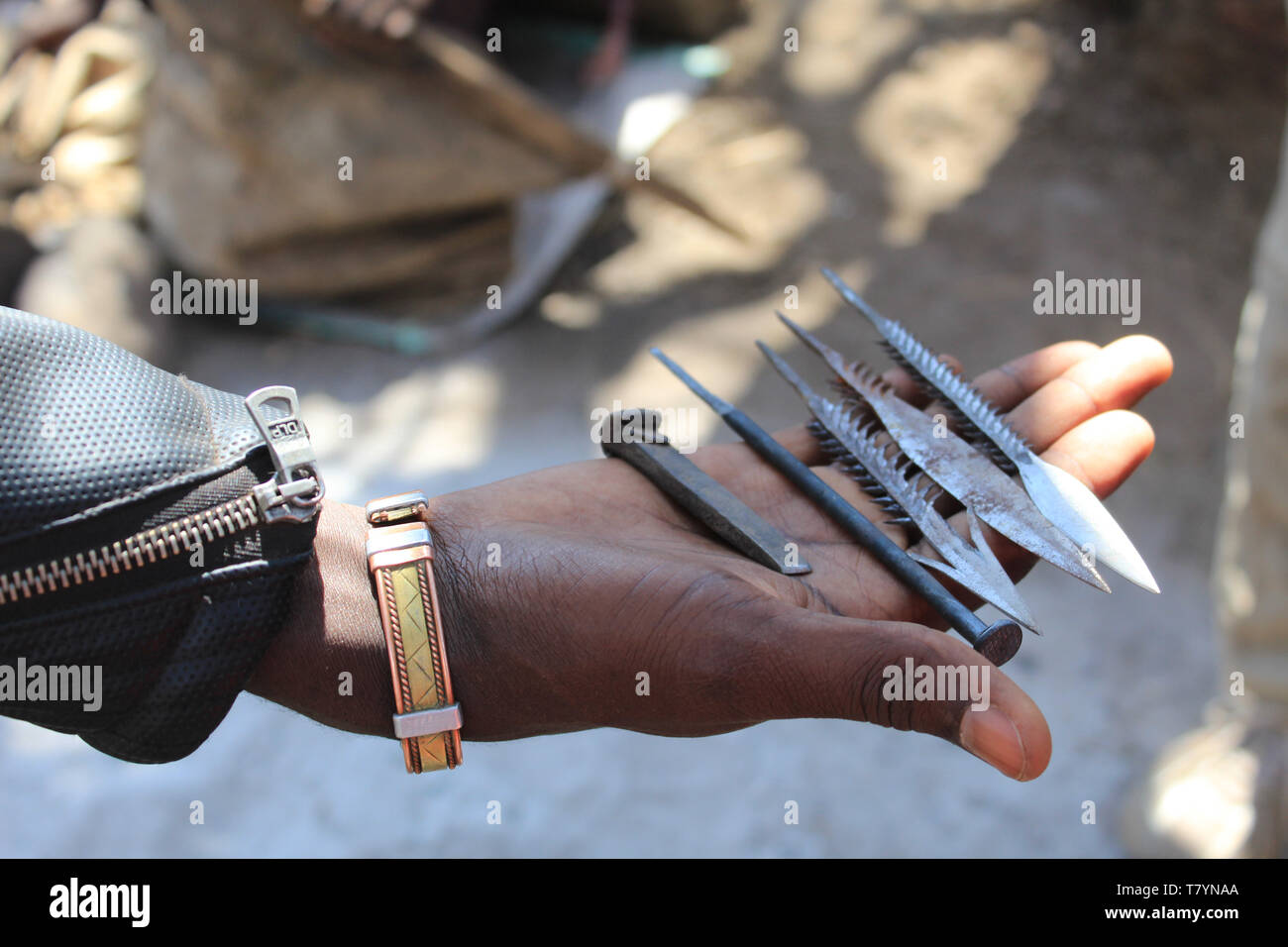 Metal arrowhead points and nails crafted by Datoga native tribesmen in Lake Eyasi area of
